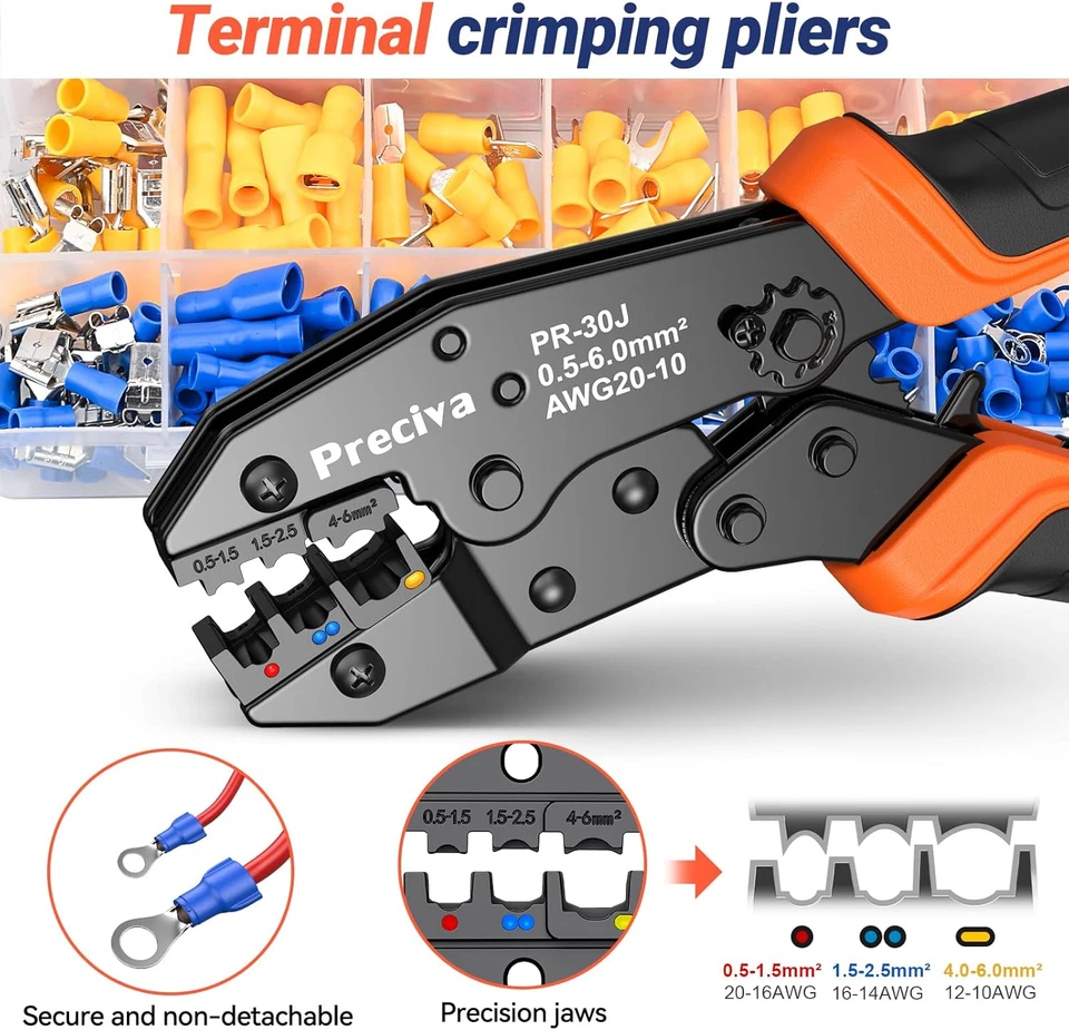 Pince à Sertir 0.5-6mm² + 400 Cosses Isolées Cliquet AWG20-10 Réparation - Photo 2/4
