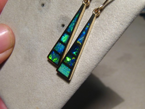 Large Gem Grade Opal Dangle Earrings , Solid 14 k Yellow Gold - Picture 5 of 11