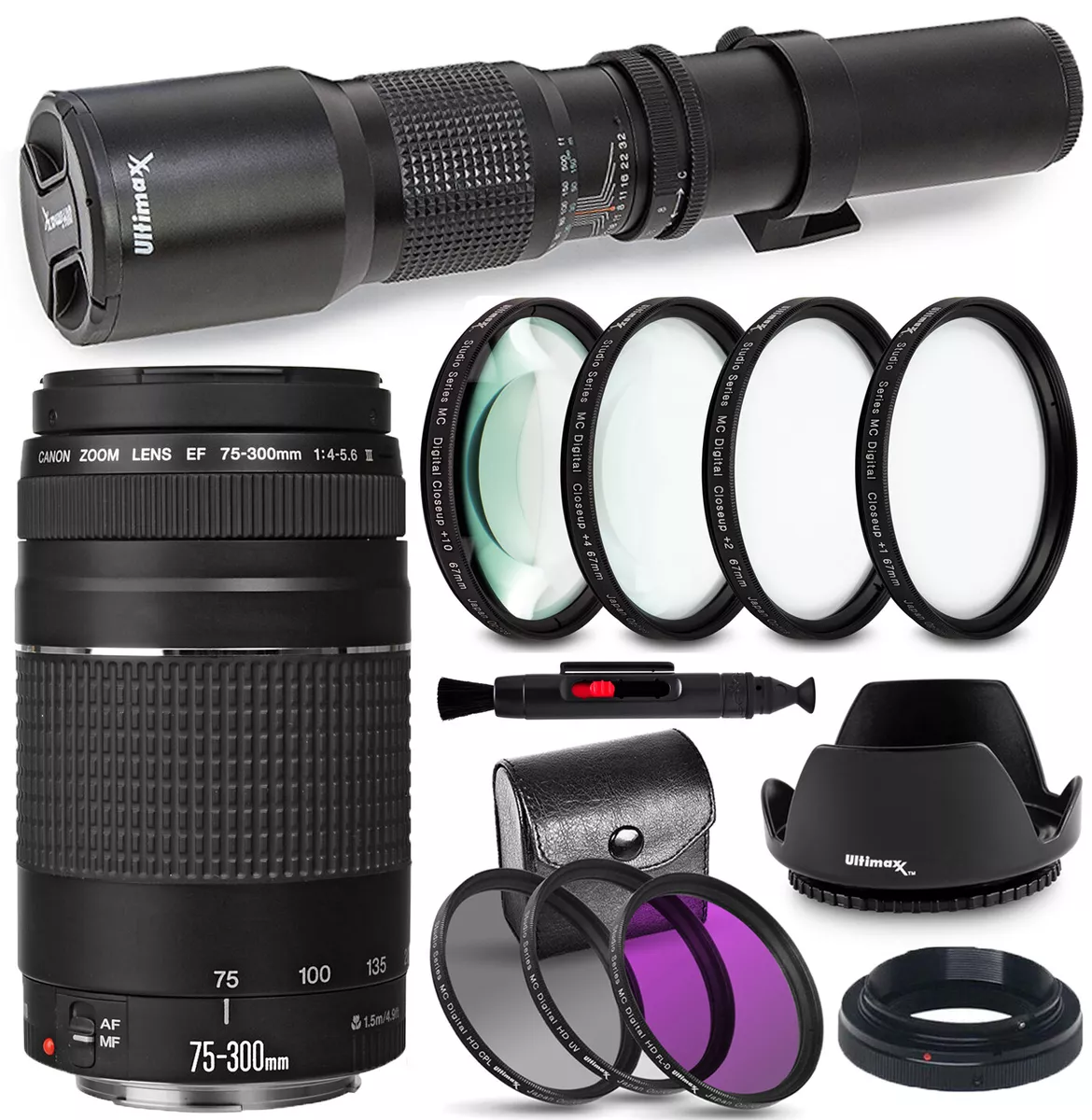 Canon EF 75-300mm f/4-5.6 III Lens (Black) + 500mm Preset Lens + Filter  Bundle