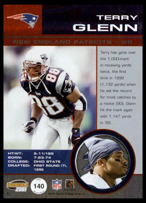 2001 Pacific Invincible #140 Terry Glenn New England Patriots - Image 2 of 2