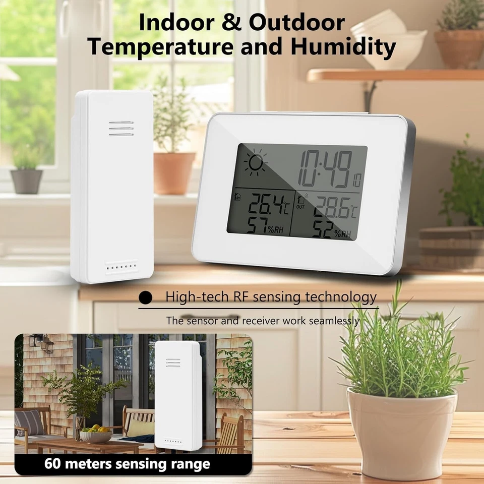 Homcoice Wetterstation Funk Thermometer Uhr Feuchteanzeige Innen Außen - Bild 4 von 4