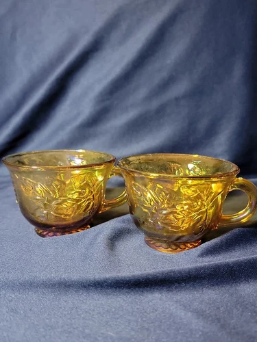 ~2 Vtg Carnival Glass Princess  Tea Cups  Marigold Grapes Leaves Iridescent~