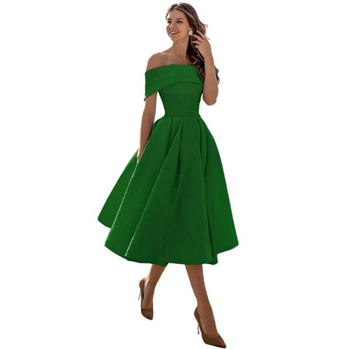 Women's Fashion Casual Strapless Satin Party Dress Off The Shoulder Tea Length S - Picture 7 of 106
