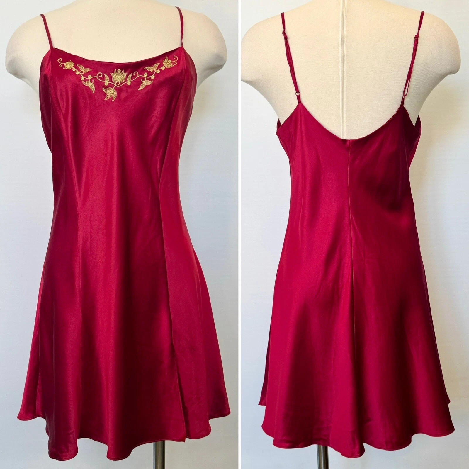 UNDERCOVER Abito slip vintage anni 90 Victoria’s Secret seta rosso intenso oro ricamo dorato L