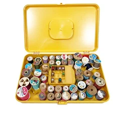 VTG Wil-Hold by Wilson Sewing Kit Storage Box Full of Thread Bobbins Wood Spools