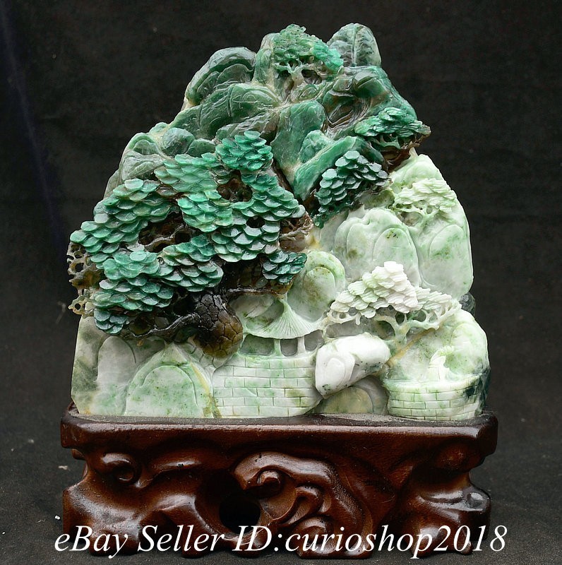 10" Chinese Natural Dushan Jade Carving Mountain Pine Tree House Sculpture