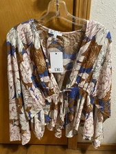 NWT TAN BLUE & BROWN FLORAL OPEN FRONT TOP DR2 WOMENS XSMALL LAYERING DRESSY