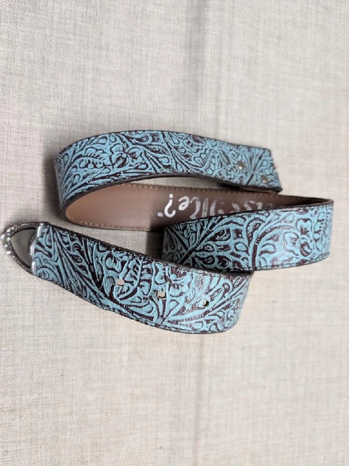 Cinturón hebilla vintage WESTERN TOOLED cuero 30 azul verde azulado vaquero rodeo Y2K Foto 2 de 4