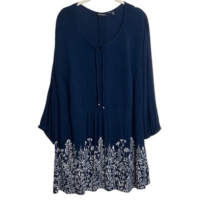 Ulla Popken Womens Tunic 20/22 Navy Floral Boho Peasant 3/4 Sleeve Viscose