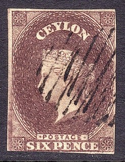 CEYLON 1857 59 QV 6d purple brown wmk Star imperf FU thins SG 6 cat £170