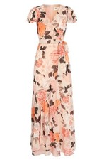 NWT Eliza J Sz 0P Peach Floral Faux Wrap Ruffled Flutter Sleeves Maxi Dress