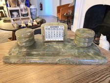 Antique Art deco green onyx desk set - perpetual calendar, ink wells, pen tray