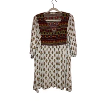 Umgee USA XL Boho Mixed Print Peasant Tunic Dress Ivory Floral Tribal Flowy 