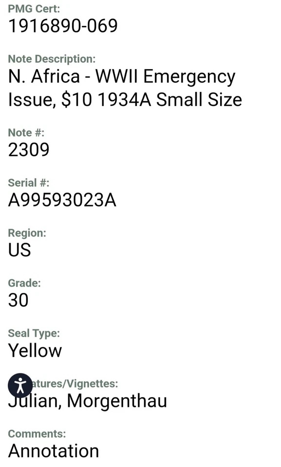 $10 1934 Silver Certificate Fr 2309 Incredibly Rare North Africa PMG VF 30 - Image 3 of 3