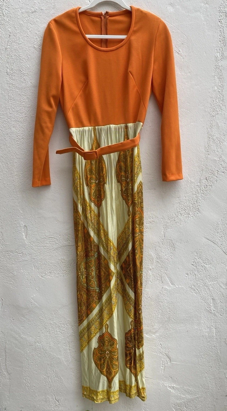 Maxi abito vintage anni 70 elegante Miss California 10 Versace Esque arancione
