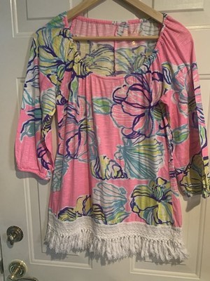 Lily Pulitzer Alia Shirt Pink Floral Print With Tassled Fringe Size Small