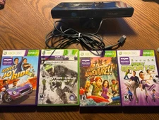 Microsoft 1414 Xbox 360 Kinect Sensor Bar - Black With Games Lot All Tested