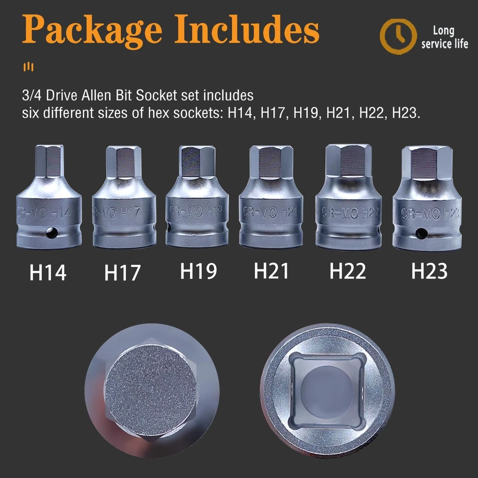 6PCS 3/4"Drive Hex Allen Bit Socket Set, Cr-Mo H14 H17 H19 H21 H22 H23 Drive Imp - Image 3 of 4