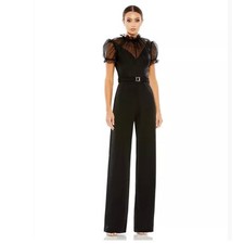 Mac Duggal Belted Illusion High Neck Cap Sleeve Jumpsuit