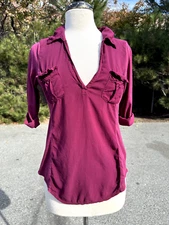 Splendid Shirt Small Purple 3/4 Sleeve V Neck Collared Pockets USA Modal Womens