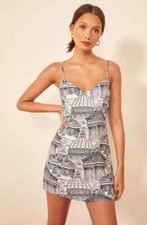 REFORMATION Navy White When in Rome Seville Print V-Neck Mini Dress MEDIUM = 8