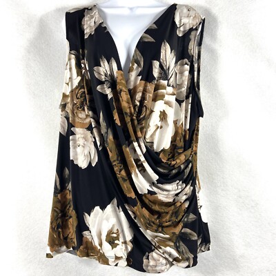 Calvin Klein Top Women s 2X Black Brown Blouse Floral Faux Wrap Sleeveless New