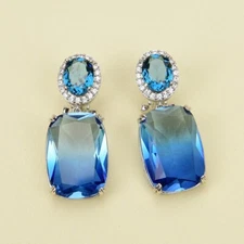 Natural Blue Gradient Colorful Crystal Karat Gold Omega Zircon Stud Earrings