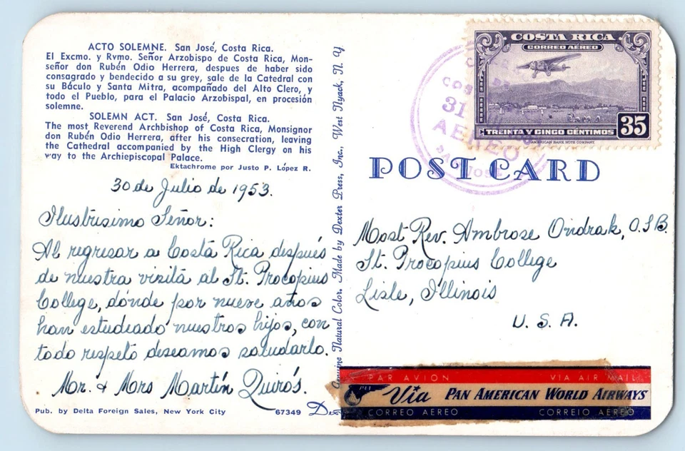 Сан-Хосе Коста-Рика открытка торжественный акт преподобный архиепископ Коста-Рики 1953 - Изображение 2 из 2