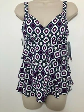 Swim Solutions Wireless One Piece Swimsuit 8 Tummy Control Hip Minimizer Tiered