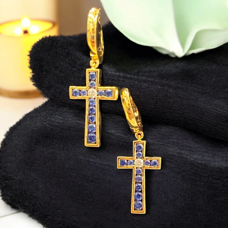1,36 cts F/VS1 Natürliche Diamanten Blauer Saphir Unisex-Kreuz Ohrringe 18K Gold - Bild 3 von 4