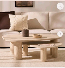 DUSK Oval Light Wood Coffee Table with Lower Shelf & Nesting Side Table 100x60cm