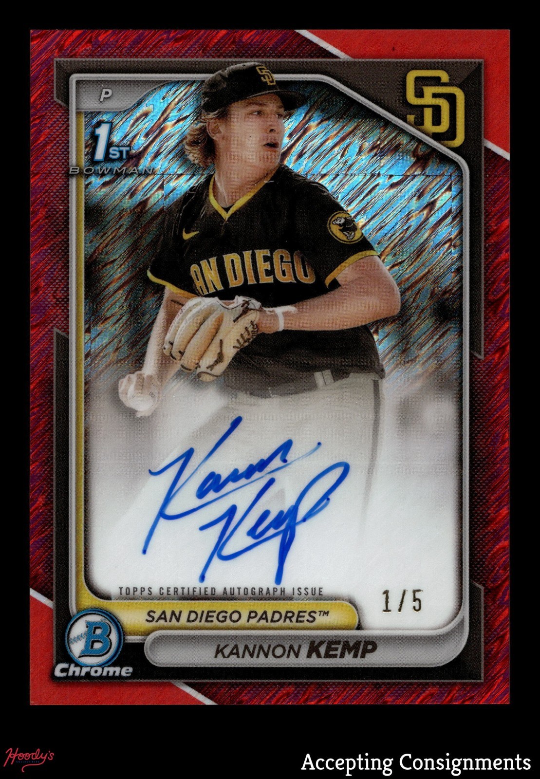 2024 Bowman Chrome Red Shimmer Refractor Kannon Kemp 1/5 ROOKIE 1st AUTO PADRES