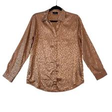 Milk & Honey Button Up Top Women's M Rose Gold Leopard Satin Shimmer Long Sleeve