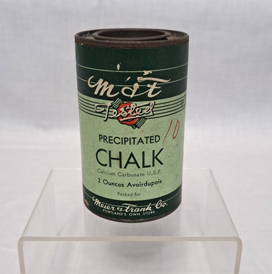 Vintage Meier & Frank Precipitated Chalk Tin 2oz Green Label 3.5 inches 1950's