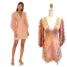 Zimmermann Zinnia Scallop Floral Mini Dress Size 0P XS Pink Resort 2020 Boho