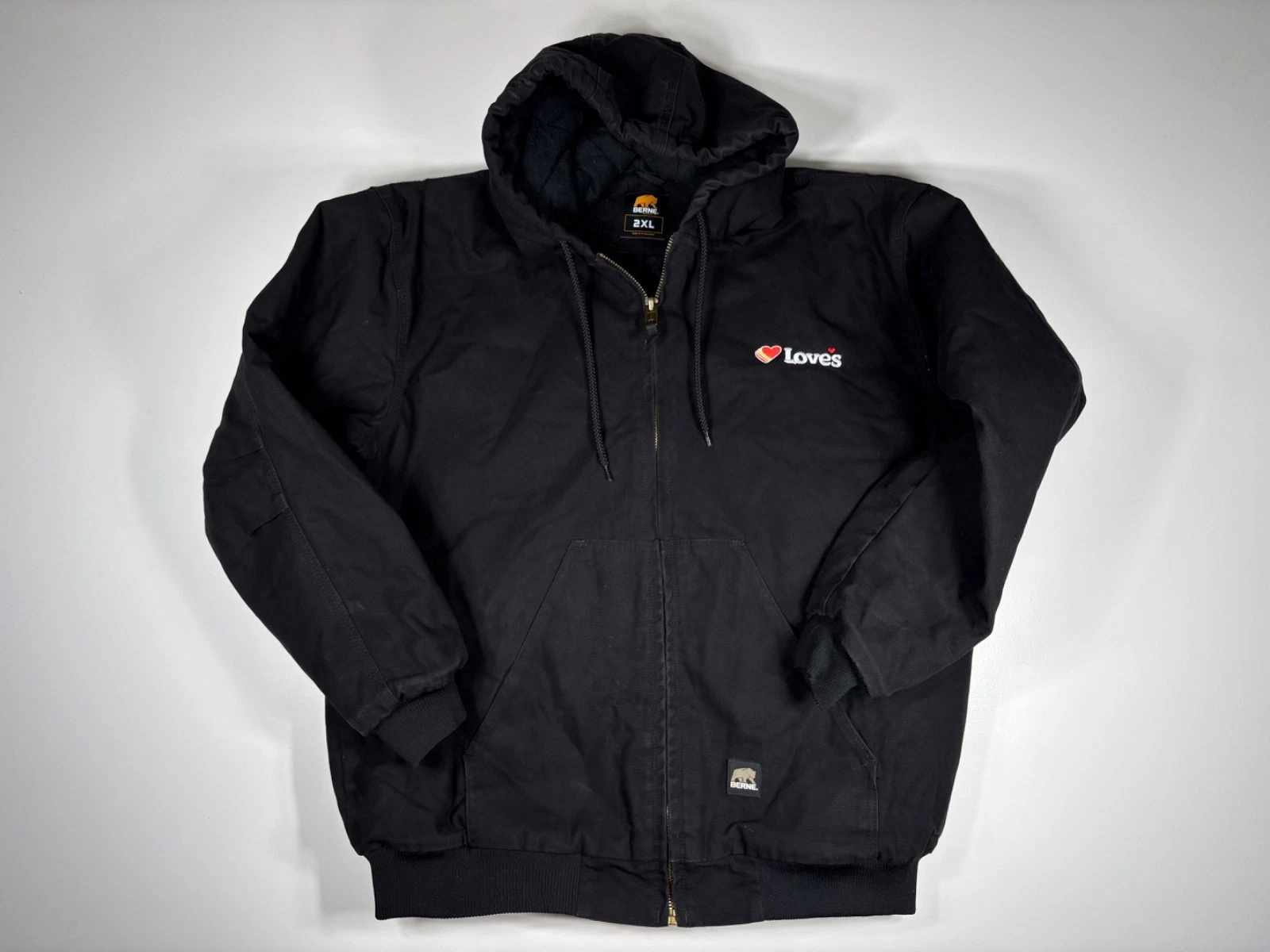 Berne Canvas Coat Men 2XL Black Hooded Workwear Love's Logo Ranch Utility
