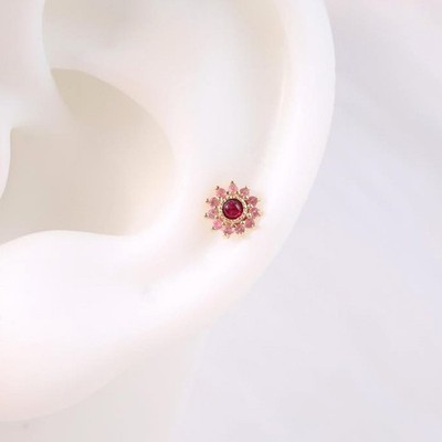 Cabochon Ruby & Pink Tourmaline Flower Tragus/Helix/Conch Piercing Stud 14k Gold