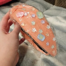 Coral Orange Mesh Topknot Headband Jeweled Pastel Crystal Star Gems Kids Adult