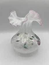 Fenton 95th Anniversary Cottage Rose Ruffle Vase Hand Painted M Mihaliak  6 3/4"