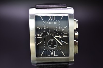 GUCCI 8600m Chronograph Silver Men's Quartz Square Black Dial Watch [BOX]