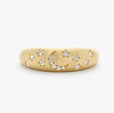 Natural Diamond Crescent Moon &Star Ring, Matte Finish Gold Ring, Dainty Jewelry