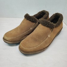 Lands End Women's Tan Suede Moccasin Slippers with Cozy Faux Fur Lining Size 8B