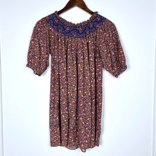Doen Dark Floral Puff Sleeve Embroidered Smocked Ruffled Peasant Blouse Size XXS