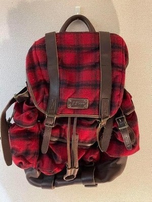 LLBean Leder Kordelzug Rucksack Karo Wolle Vintage Gebraucht Japan Versand