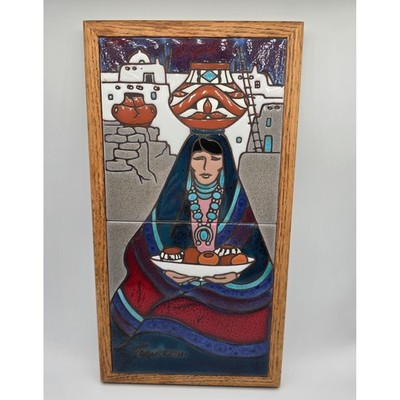 VTG '86 Framed Cleo Teissedre Tile Wall Art SW Design Hand Painted 12'' X 7