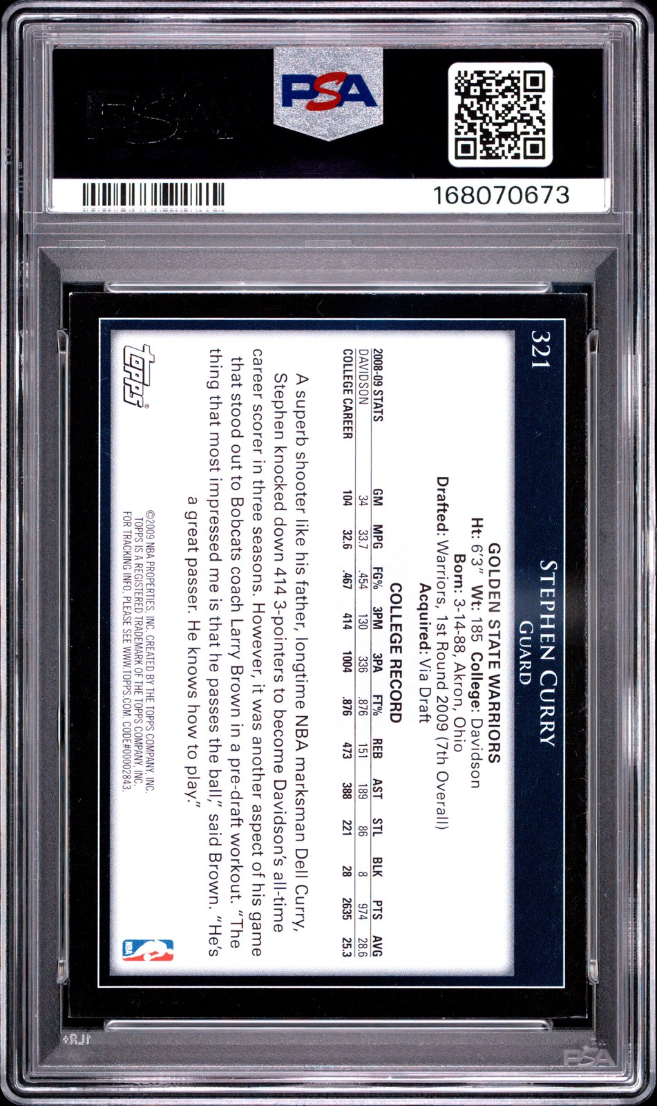 2009 TOPPS #321 STEPHEN CURRY ROOKIE RC PSA 7 view 2