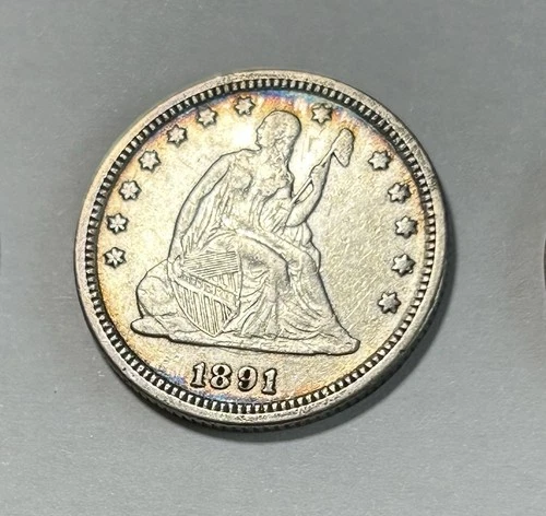 1891 Seated Liberty Quarter 25c High Quality Rainbow Toning US Silver Coin AU