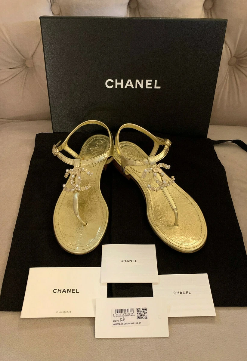 Chanel 20C Gold Laminated Lamb Pearl CC Logo Mule Strap Thong Sandal Flat  35.5C