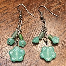 Green Jade Gemstone Flower Shaped Dangle Silver Tone Earrings