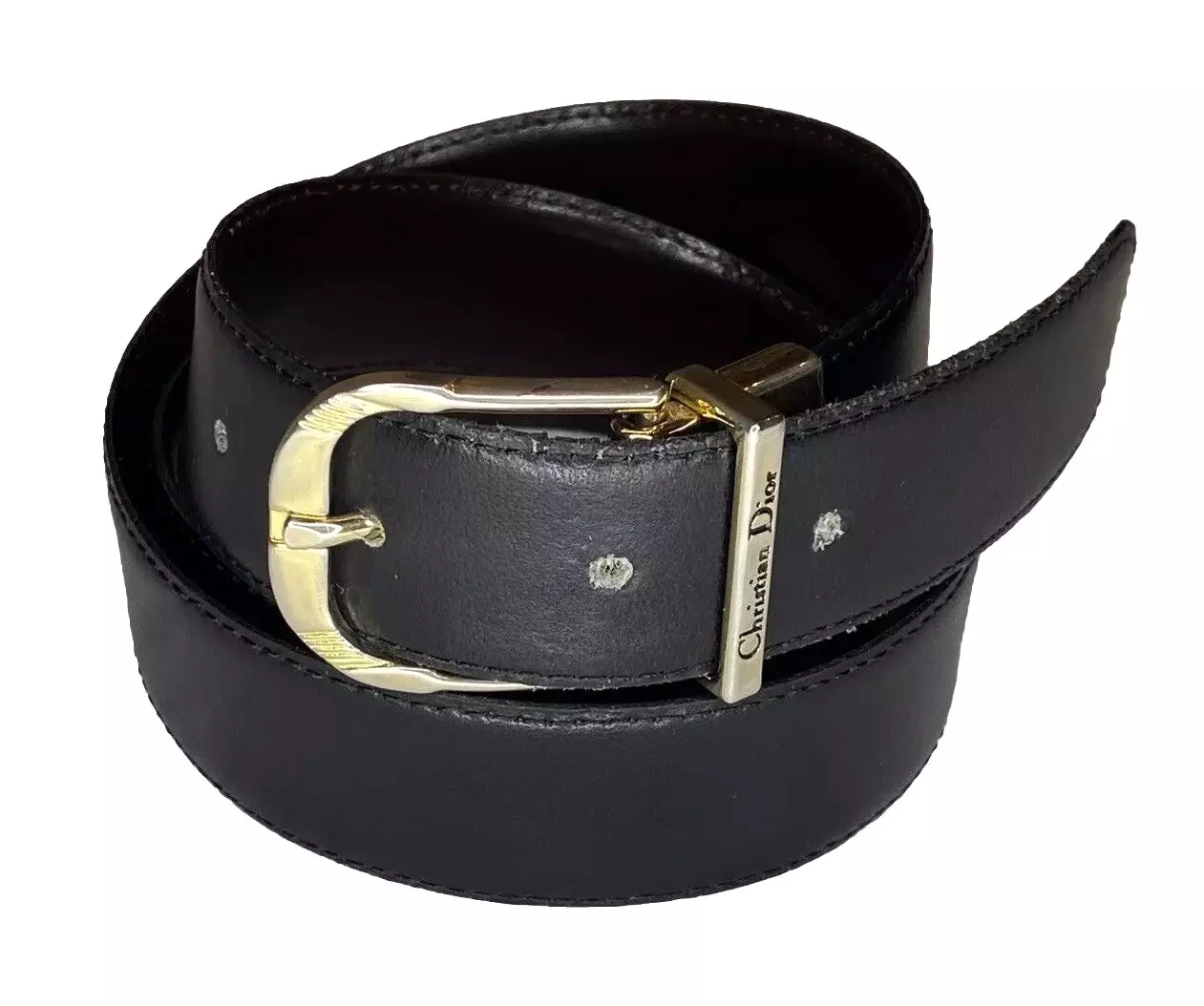 Ceinture réversible CHRISTIAN DIOR vintage cuir marron noir boucle laiton doré taille 36